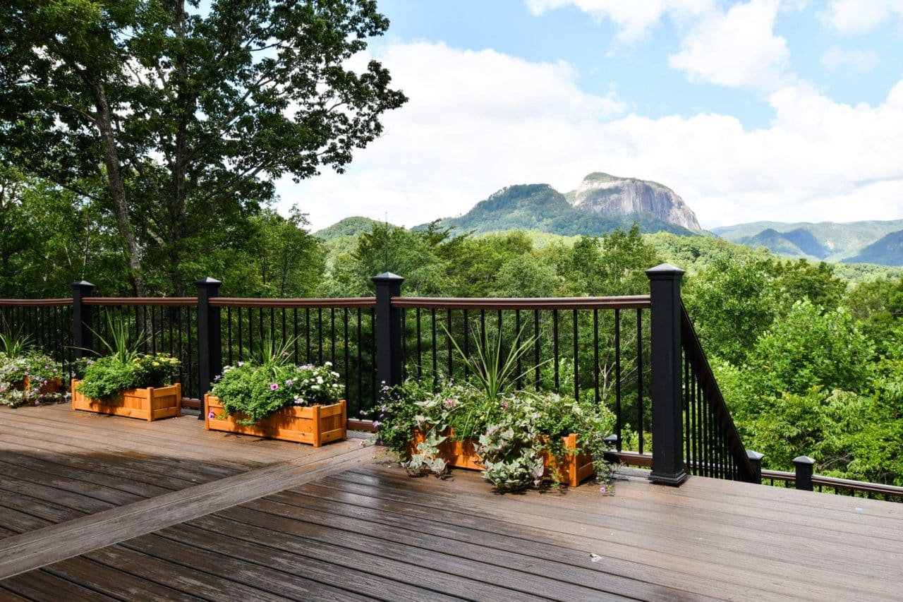 flowers on a deck overlook mountains and trees