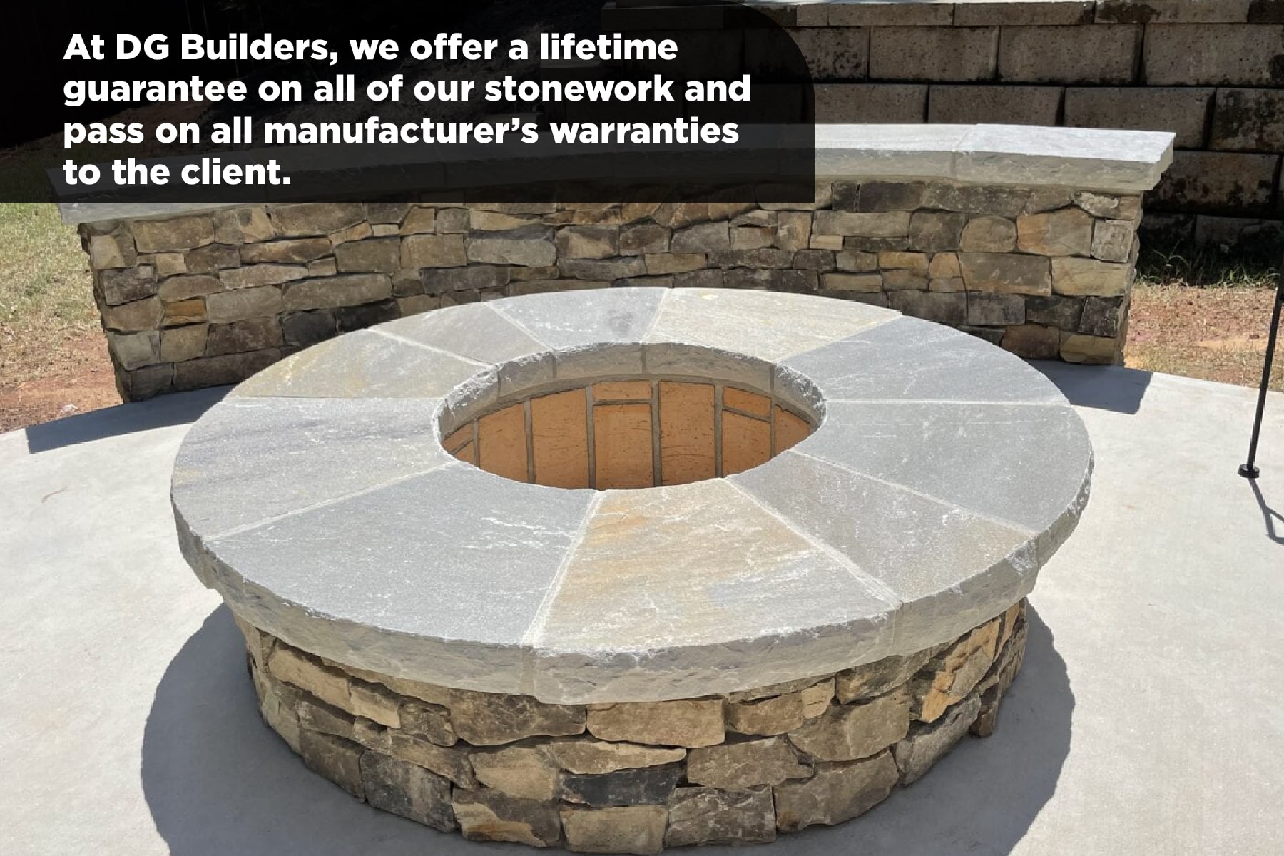 stone fireplace in a backyard patio, with text on an overlay