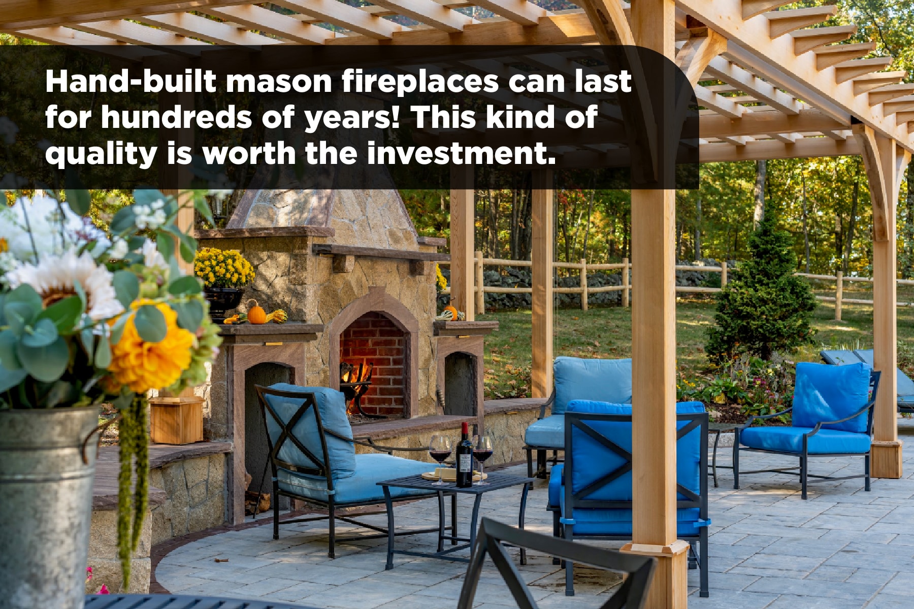 backyard patio with hand-built mason fireplace